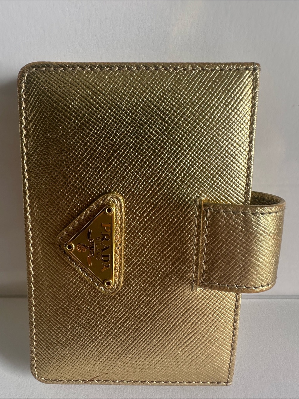Prada Metallic Gold Saffiano Leather Accordion Card Case Wallet